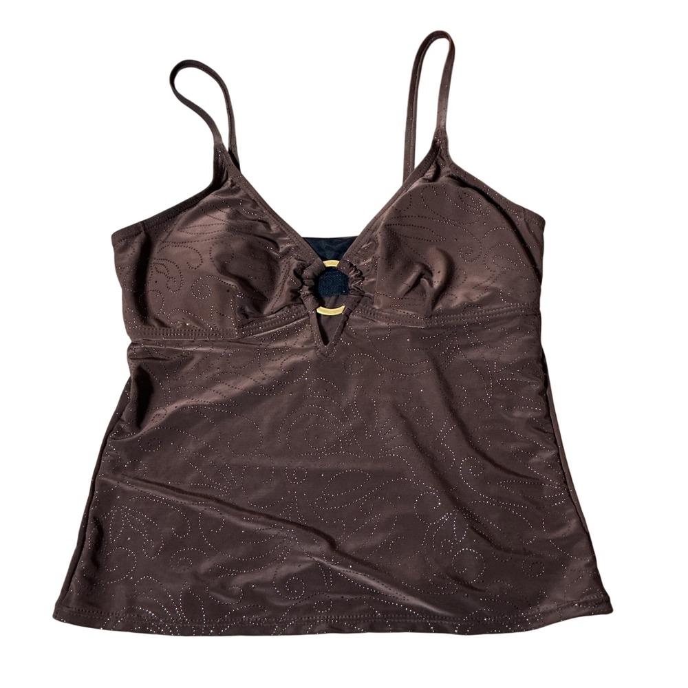 Ocean Dream Glitter Swirl Tankini Swim Top Womens 8 Brown Gold Ring Adjustable